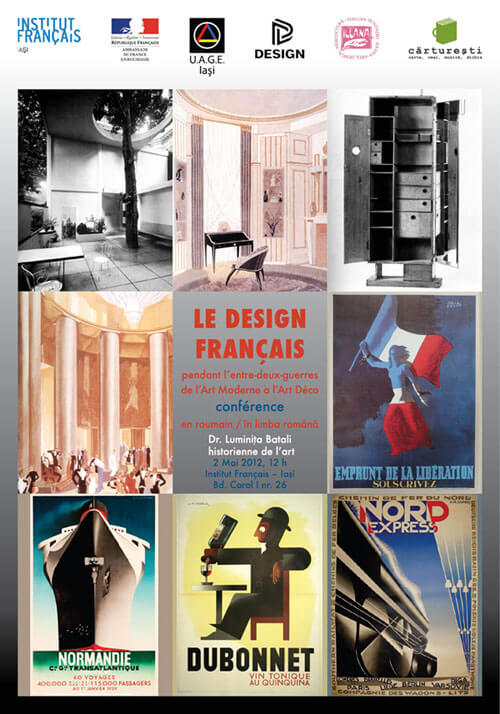 afișul conferinței 'Designul francez in perioada interbelica, intre Modernism si Art Déco'